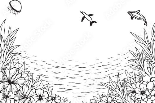 Whimsical ocean scene with dolphins, jellyfish, and flora