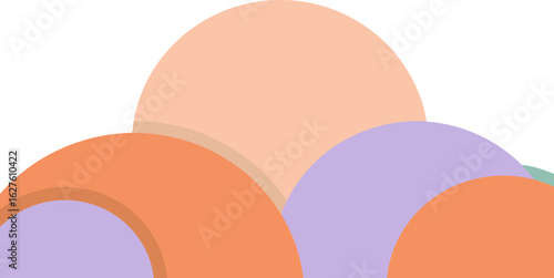 Abstract layered shapes in pastel colors. Overlapping circles in peach, lavender, and coral hues on a mint green background.
