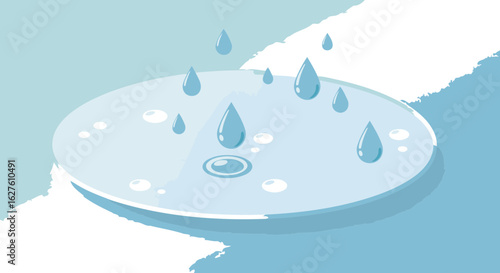 Light blue water droplets falling onto a light blue surface. Abstract design with water droplets and water circles.