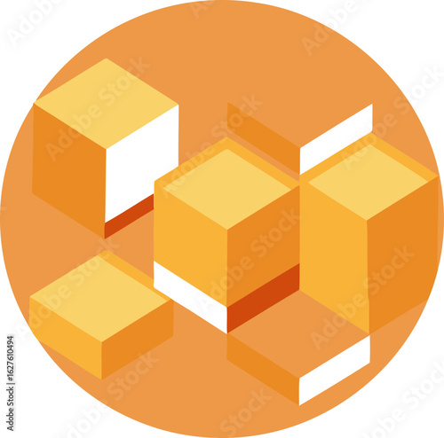 Abstract geometric design with layered, warm orange and yellow cubes in a soft orange background. Compositional display of 3D shapes for graphic design or branding purposes.