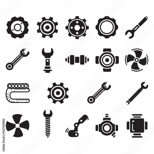  Black outline icons representing mechanical engineering elements, all isolated on a pure white background. 
