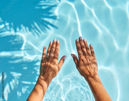 Two hands above rippled pool water