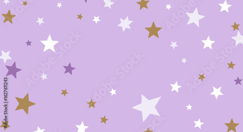A simple, playful pattern of stars in white, gold, and purple on a light purple background. A design featuring various star shapes, displayed in a scattered, random formation.