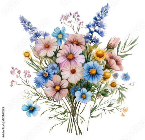 Watercolor bouquet of colorful flowers artistic illustration against a deep transparent background