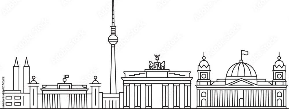 Obraz premium Detailed Berlin Cityscape Outline Vector Illustration of Famous Landmarks and Buildings Silhouette