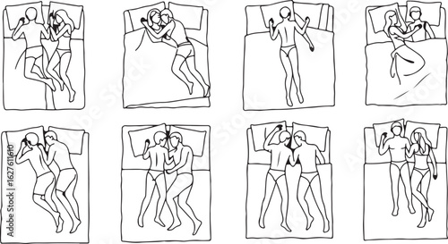 Couple Sleeping Positions Top View Line Drawing vector illustration