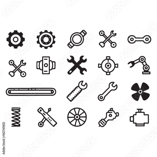  Black outline icons representing mechanical engineering elements, all isolated on a pure white background. 