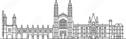 Detailed Cambridge Skyline Outline Vector Illustration Depicting British Landmarks and Architecture