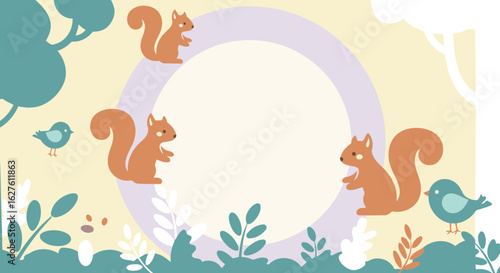 Cute woodland animals in pastel colors, posing around a blank space for text or design. Adorable squirrels and birds, in a forest setting, with a simple, inviting design.