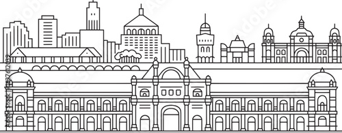 Detailed Line Art of a Cityscape with Historical Buildings and Towers Outline Style Vector