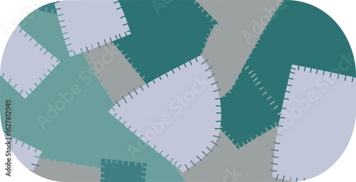 Patchwork fabric design with various shades of teal and gray. Abstract pattern with visible stitching, creating a decorative effect.