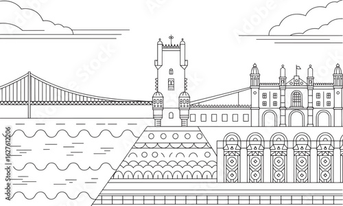 Detailed Line Art of a European Coastal Cityscape with Bridge, Tower, and Buildings