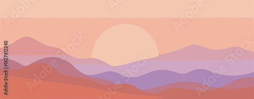 Abstract landscape with soft gradient colors depicting mountains and a sunrise/sunset. Peaceful mountain range scene with subtle colors, showing a serene landscape.