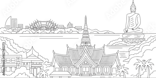 Detailed Line Art of an Asian Cityscape with Temples and Buddha Statue Outline Style