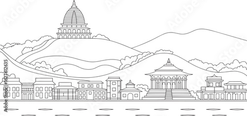 Detailed Line Art Skyline of a Nepalese City with Temples and Mountains on Transparent Backdrop