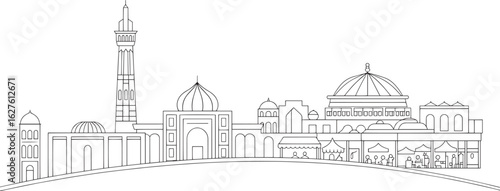 Detailed Line Art Skyline of a Middle Eastern City with Mosque and Bazaar on Transparent Backdrop