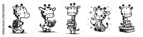 Whimsical cartoon giraffes in playful school-themed activities — walking, reading, gifting — in monochrome sketch style