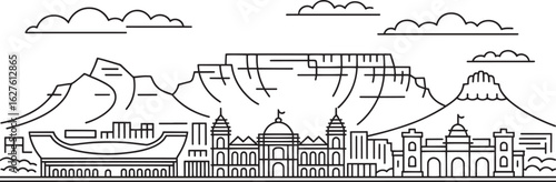 Detailed Line Art Skyline of Cape Town, South Africa Depicting Iconic Buildings and Landmarks