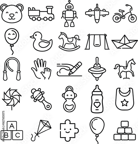 Kids & Toys Icons Logo Set Teddy Bear Carousel Horse Block Stack Smiley Face Balloon Kite Flying Robot Train Engine Child Handprint Kids’ Puzzle Piece Crayon and Drawing Tricycle Pinwheel Spinning 