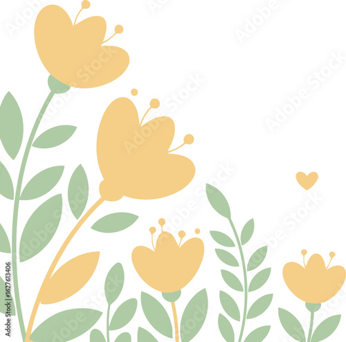 Pastel yellow flowers and sage green leaves in corner placement on pale cream background. Abstract floral design with no people or objects.