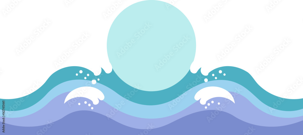 Naklejka premium Ocean waves with stylized foam and a blank circle in the center. Abstract background with layered colors and shapes of ocean waves for various projects.
