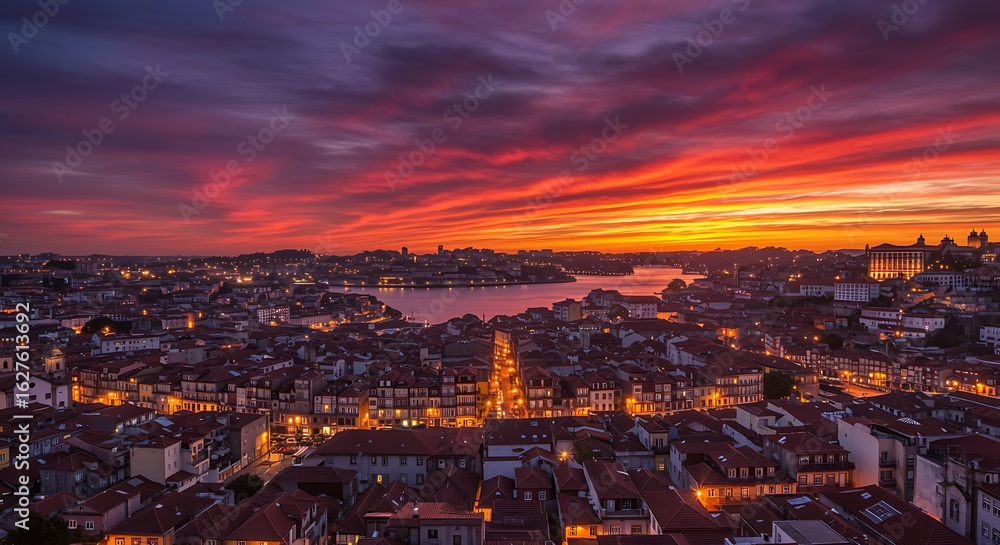 Obraz premium Cityscape at Sunset with Colorful Sky and Illuminated Streets