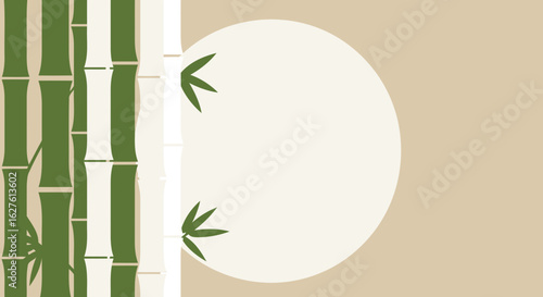 Bamboo stalks with leaves in a minimalist, neutral background. Vertical arrangement of bamboo stalks with leaves in a minimalist design.