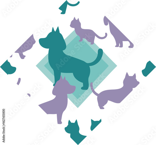 Pet silhouette pattern design in teal and lavender colors. Silhouettes of dogs and cats in a diamond shaped pattern on a light gray background.