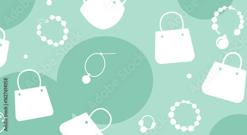 Abstract fashion accessories and bags on a mint green background. Flat lay of various jewelry and bags with a modern design aesthetic.