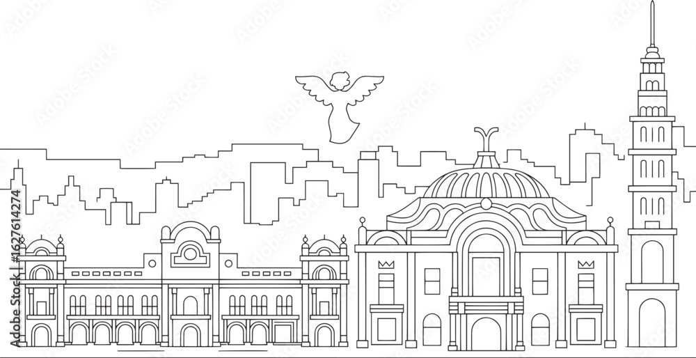 Obraz premium Detailed Outline of Mexico City Skyline with Angel of Independence and Prominent Buildings Vector