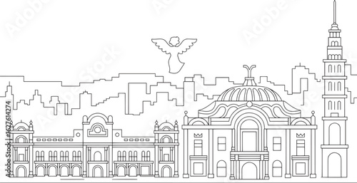 Detailed Outline of Mexico City Skyline with Angel of Independence and Prominent Buildings Vector