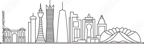 Detailed Outline Skyline of Manama, Bahrain Depicting City's Architectural Landmarks and Urban Landscape