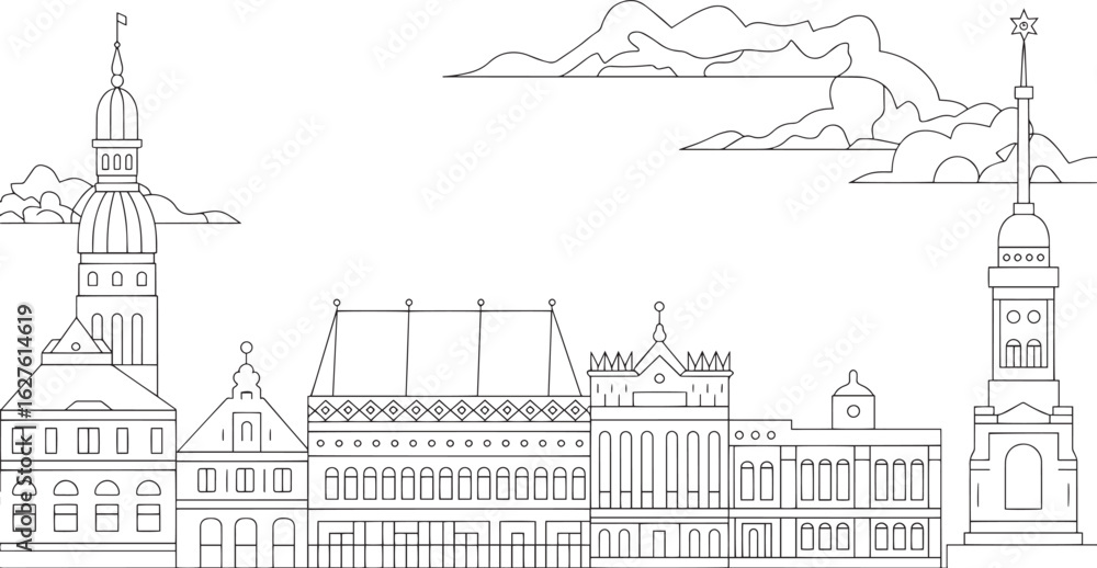 Fototapeta premium Detailed Riga Skyline Outline Vector Illustration Depicting Cityscape with Architectural Landmarks