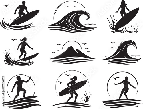 Dynamic surfers ride waves in stylized black and white coastal scenes