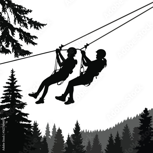 silhouettes of man and woman on swing, ziplining together 