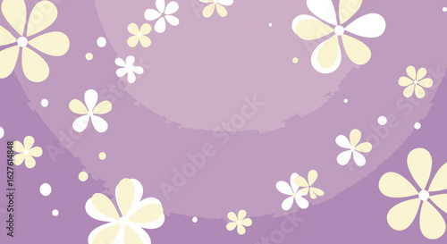Abstract floral pattern on a lavender background. A graphic design with scattered flowers and dots in a soft, pastel color palette. Floral backdrop design for children's products -
