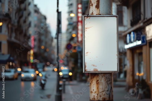 Poster mockup pasted on cylindrical metal street pole at gritty urban corner under natural daylight