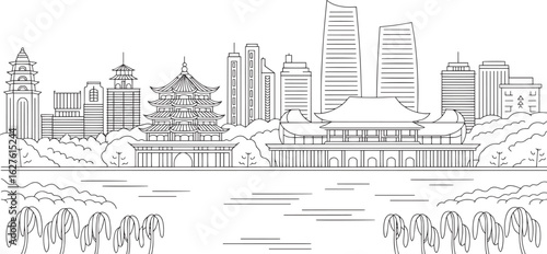 Detailed Skyline Outline of an Asian City with Pagodas, Skyscrapers, and Lush Greenery Landscape