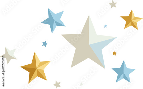 Abstract graphic design of various stars in light blue, white, and gold, clustered in a dark blue background. Decorative, flat design elements in a nighttime, celestial theme.