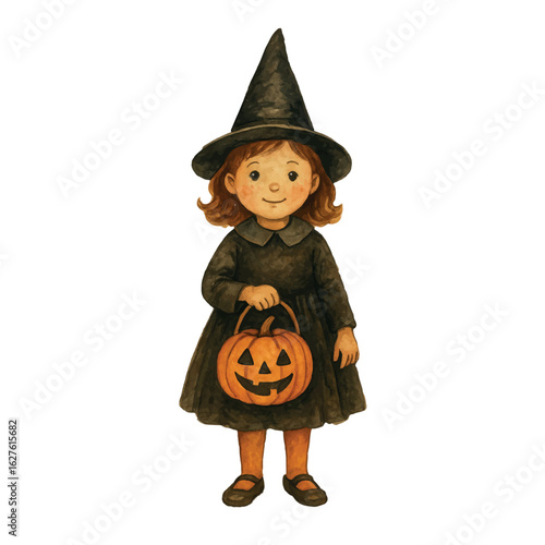 Vector A charming vintage watercolor illustration of a little girl in a witch costume holding a jack-o'-lantern candy bucket. Perfect for Halloween cards, posters, prints, and decorations.