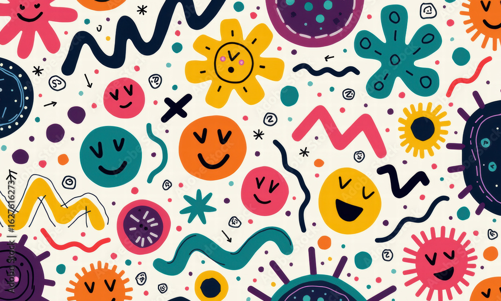 Naklejka premium Cute Cartoon Microbes and Shapes Pattern