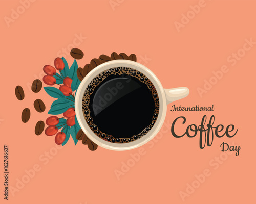 Vector illustration of happy International or national Coffee Day with hand lettering. Suitable for greeting card, poster and banner. mobile background