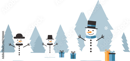 Three snowmen with simple designs in a wintery scene with trees and gifts. Cute wintery characters with simple holiday attire in a winter wonderland.