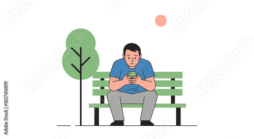 A man sitting alone on a park bench, engrossed in his mobile phone. A concept illustration of modern lifestyle and digital addiction.