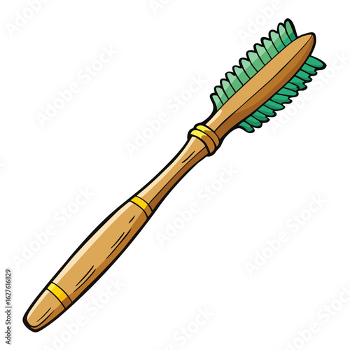 Simple cartoon toothbrush with green bristles and wooden handle isolated on transparent background isolated on white background