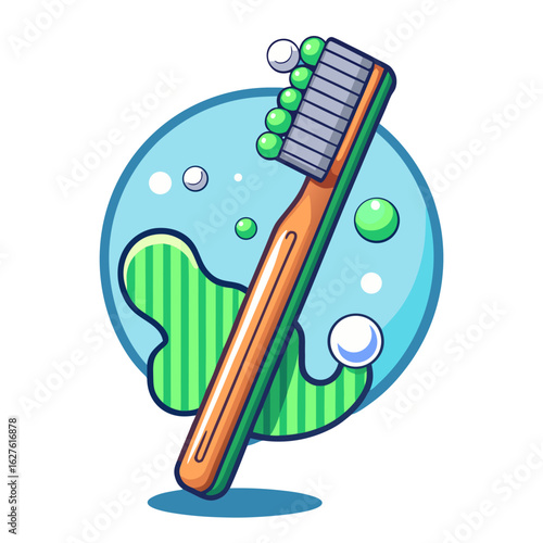 Cartoon toothbrush with green bristles and bubbles isolated on transparent background isolated on white background
