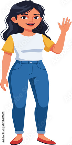 Young smiling woman in casual clothes waving her hand. Friendly female character vector illustration isolated on a white background.