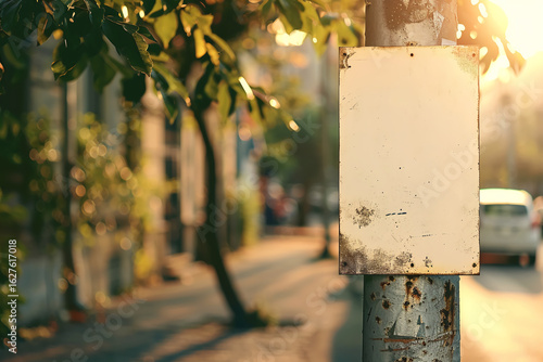 Close-up of cylindrical street pole with realistic poster mockup placement on textured metal surface