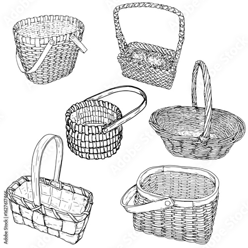 A wicker basket made of vines with a handle, a set of black and white silhouettes. Vector illustration. Sketches a basket for picking mushrooms and autumn harvest is isolated on a white background. 