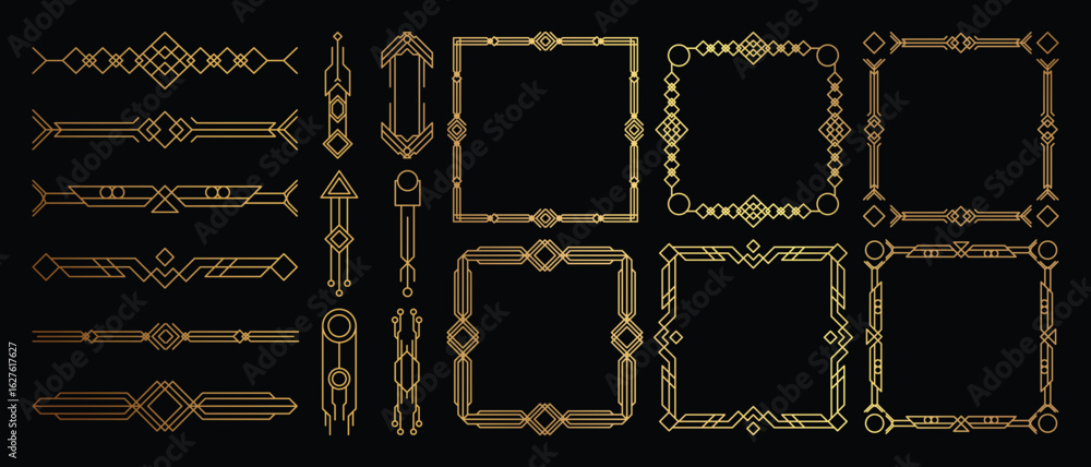Fototapeta premium Geometric art deco ornament vector set. Luxury golden decorative elements with different lines, frames, headers, dividers and borders. Set of elegant design suitable for card, invitation, poster.